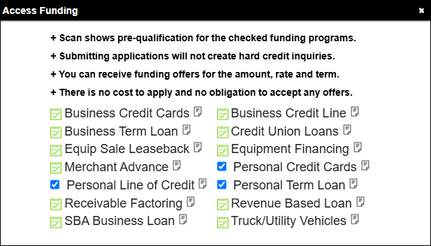Scan Part 2, Business finance pre-qualifications showing matched funding programs